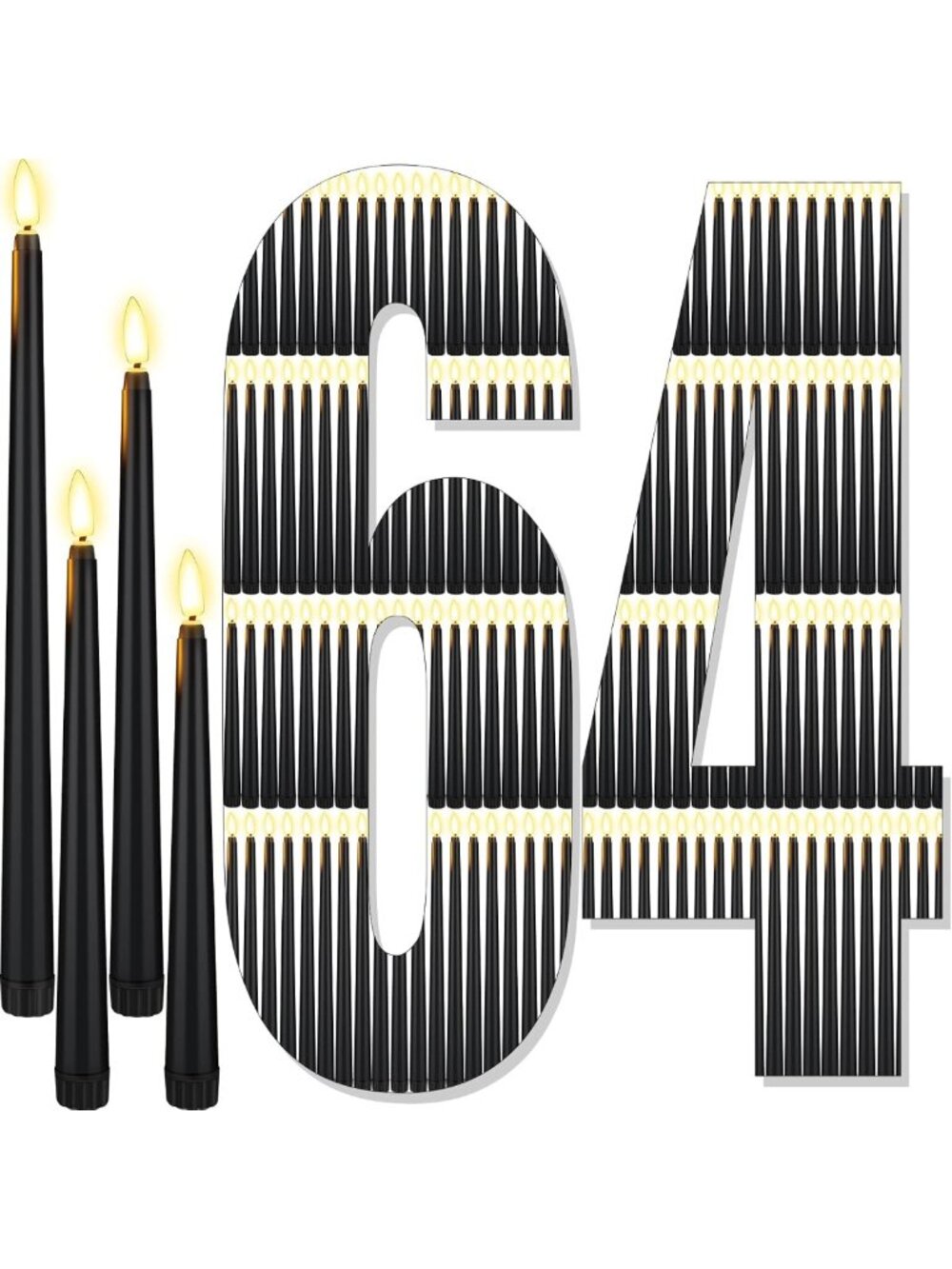 64 Pcs Flameless LED Taper Candles Set - Flickering Black Candles for Home Decor